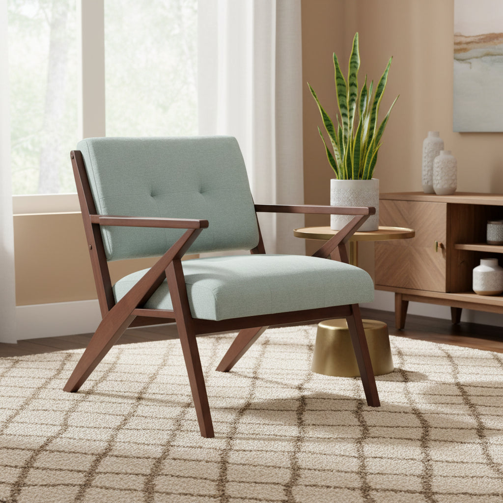 Fauteuil d'appoint moderne du milieu du siècle avec coussins moelleux, accoudoirs inclinés et cadre robuste en bois massif