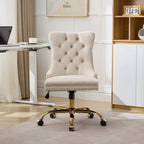 Fauteuil de bureau capitonné en velours gris avec base en métal doré - Chaise de bureau pivotante réglable