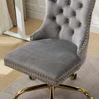 Fauteuil de bureau capitonné en velours gris avec base en métal doré - Chaise de bureau pivotante réglable