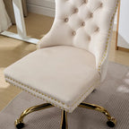 Fauteuil de bureau capitonné en velours gris avec base en métal doré - Chaise de bureau pivotante réglable