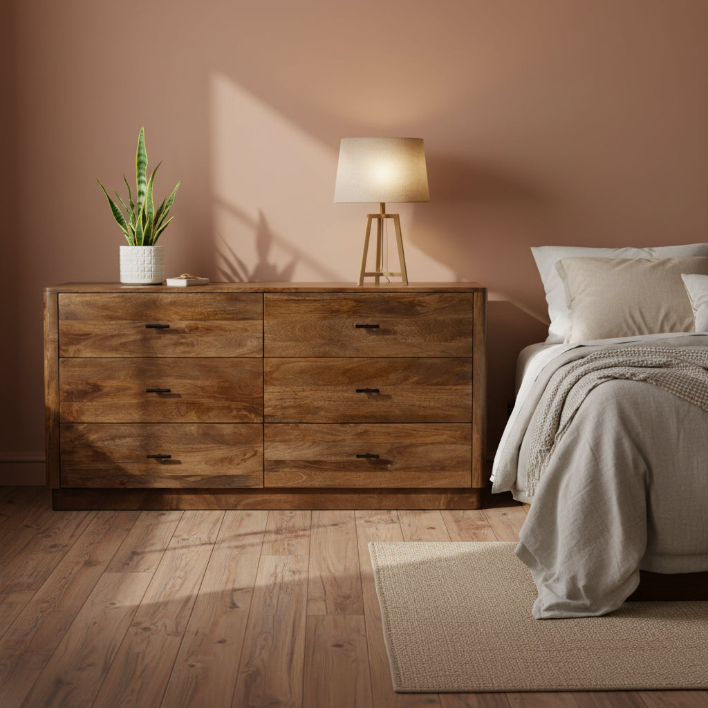 Commode 6 tiroirs, bois de manguier, finition noyer