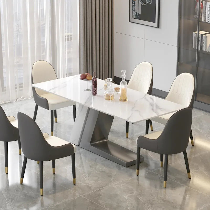 Table à manger moderne Slate avec plateau rectangulaire en pierre frittée blanche et pieds en métal