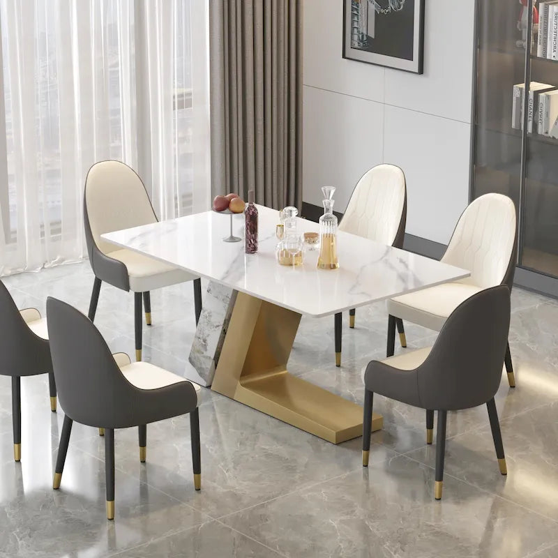 Table à manger moderne Slate avec plateau rectangulaire en pierre frittée blanche et pieds en métal