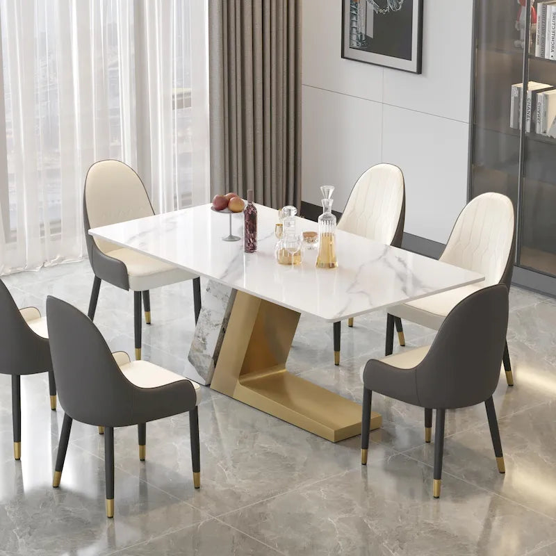 Table à manger moderne Slate avec plateau rectangulaire en pierre frittée blanche et pieds en métal