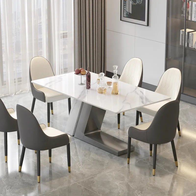 Table à manger moderne Slate avec plateau rectangulaire en pierre frittée blanche et pieds en métal