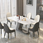 Table à manger moderne Slate avec plateau rectangulaire en pierre frittée blanche et pieds en métal