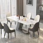 Table à manger moderne Slate avec plateau rectangulaire en pierre frittée blanche et pieds en métal