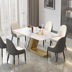 Table à manger moderne Slate avec plateau rectangulaire en pierre frittée blanche et pieds en métal