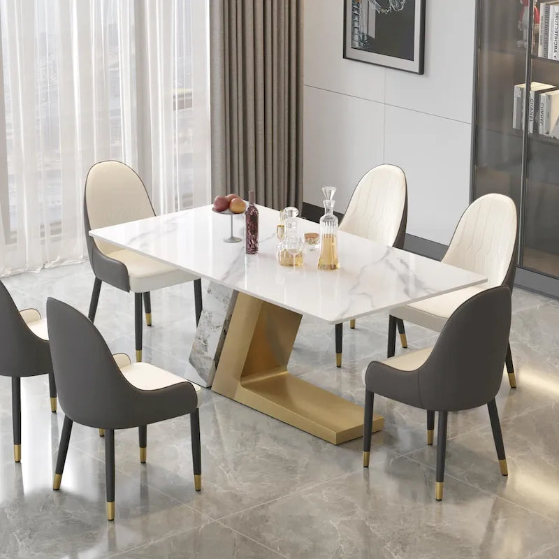 Table à manger moderne Slate avec plateau rectangulaire en pierre frittée blanche et pieds en métal
