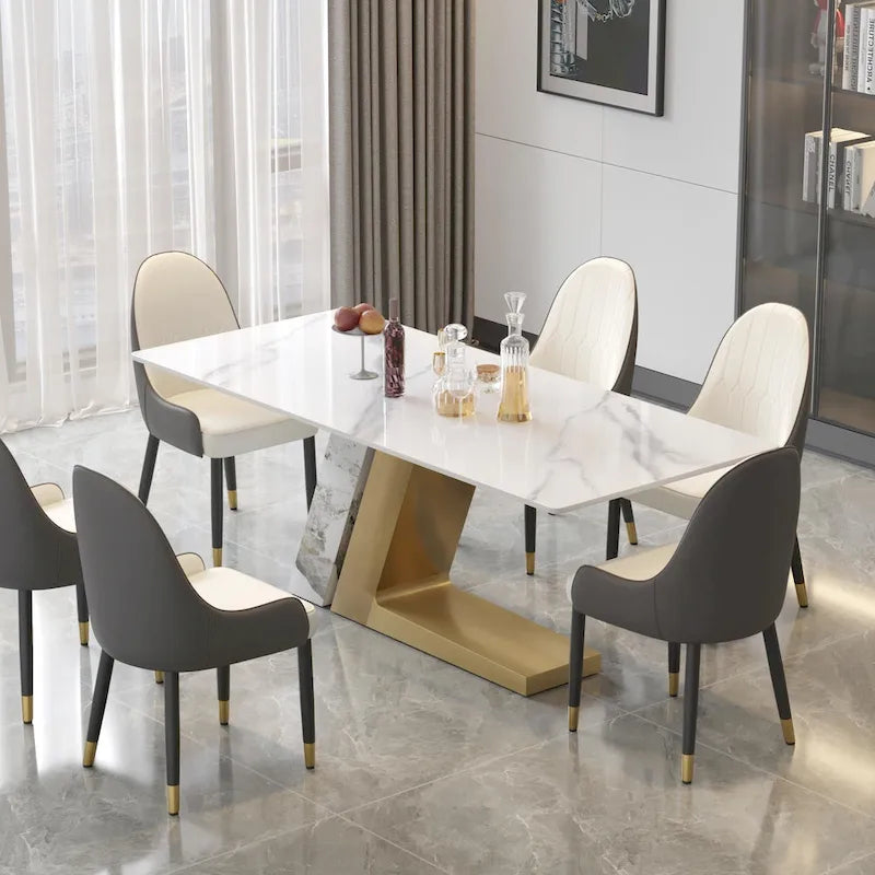 Table à manger moderne Slate avec plateau rectangulaire en pierre frittée blanche et pieds en métal