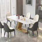 Table à manger moderne Slate avec plateau rectangulaire en pierre frittée blanche et pieds en métal