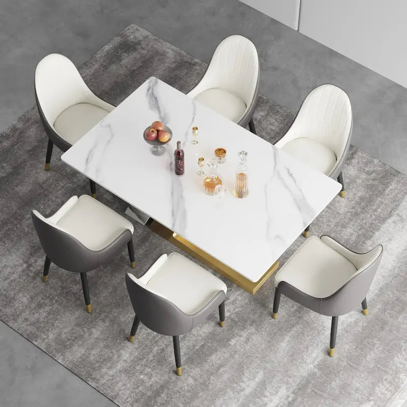 Table à manger moderne Slate avec plateau rectangulaire en pierre frittée blanche et pieds en métal