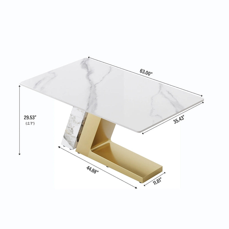 Table à manger moderne Slate avec plateau rectangulaire en pierre frittée blanche et pieds en métal