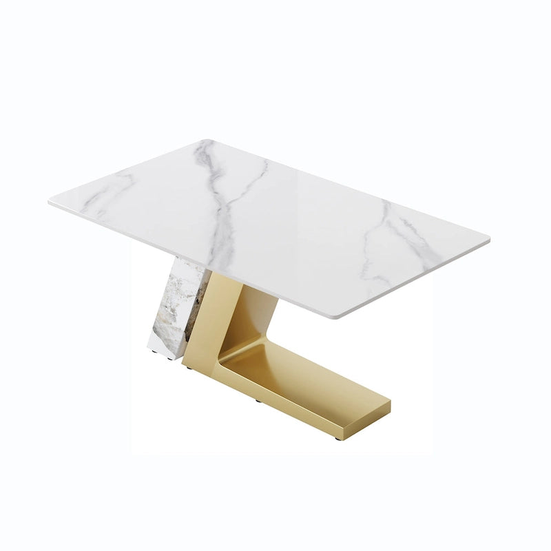 Table à manger moderne Slate avec plateau rectangulaire en pierre frittée blanche et pieds en métal