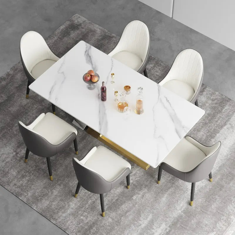 Table à manger moderne Slate avec plateau rectangulaire en pierre frittée blanche et pieds en métal
