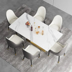 Table à manger moderne Slate avec plateau rectangulaire en pierre frittée blanche et pieds en métal