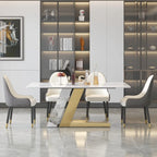 Table à manger moderne Slate avec plateau rectangulaire en pierre frittée blanche et pieds en métal