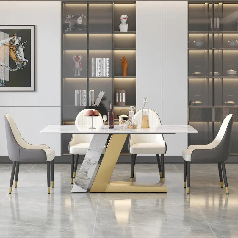 Table à manger moderne Slate avec plateau rectangulaire en pierre frittée blanche et pieds en métal