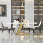 Table à manger moderne Slate avec plateau rectangulaire en pierre frittée blanche et pieds en métal