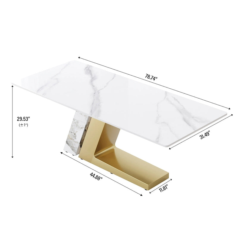 Table à manger moderne Slate avec plateau rectangulaire en pierre frittée blanche et pieds en métal