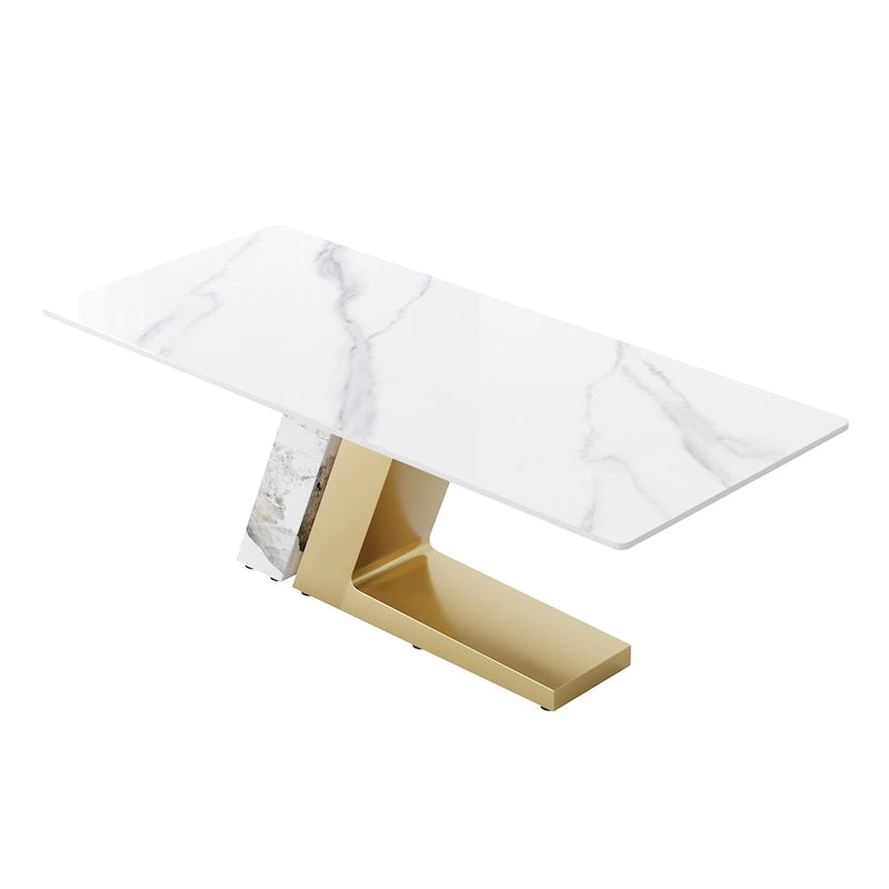 Table à manger moderne Slate avec plateau rectangulaire en pierre frittée blanche et pieds en métal