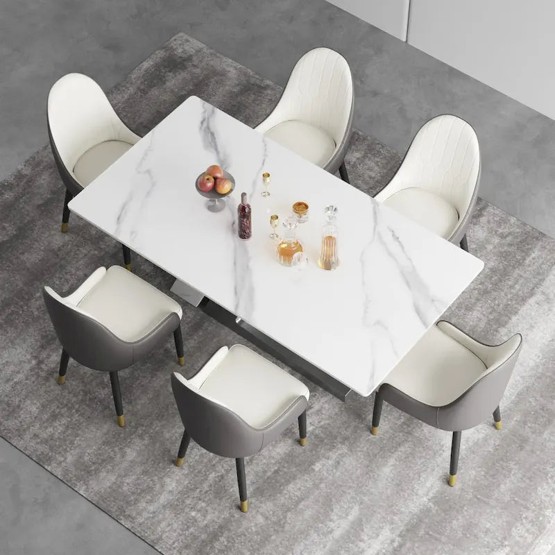 Table à manger moderne Slate avec plateau rectangulaire en pierre frittée blanche et pieds en métal