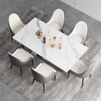 Table à manger moderne Slate avec plateau rectangulaire en pierre frittée blanche et pieds en métal