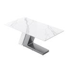Table à manger moderne Slate avec plateau rectangulaire en pierre frittée blanche et pieds en métal