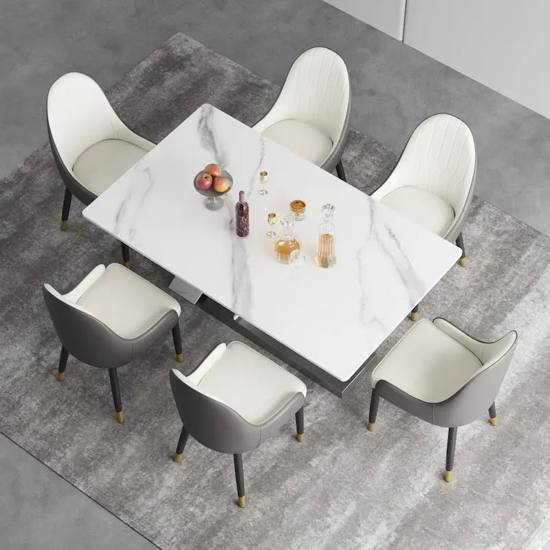 Table à manger moderne Slate avec plateau rectangulaire en pierre frittée blanche et pieds en métal