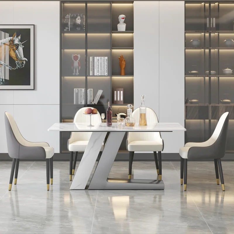 Table à manger moderne Slate avec plateau rectangulaire en pierre frittée blanche et pieds en métal