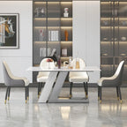 Table à manger moderne Slate avec plateau rectangulaire en pierre frittée blanche et pieds en métal