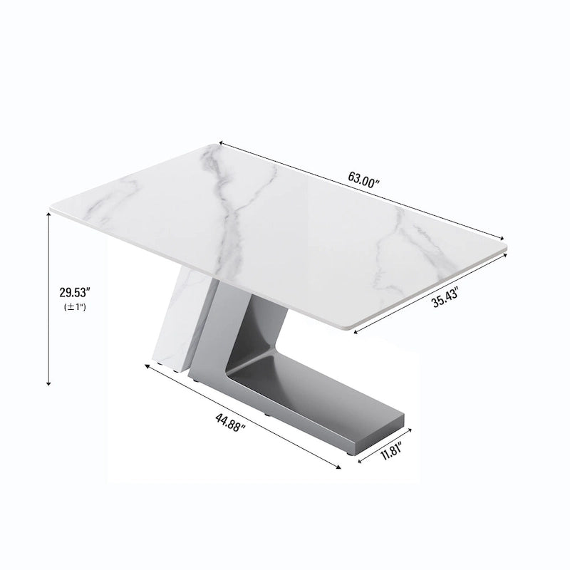 Table à manger moderne Slate avec plateau rectangulaire en pierre frittée blanche et pieds en métal