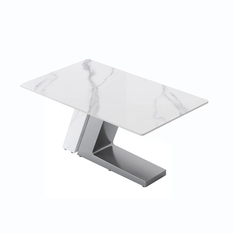Table à manger moderne Slate avec plateau rectangulaire en pierre frittée blanche et pieds en métal
