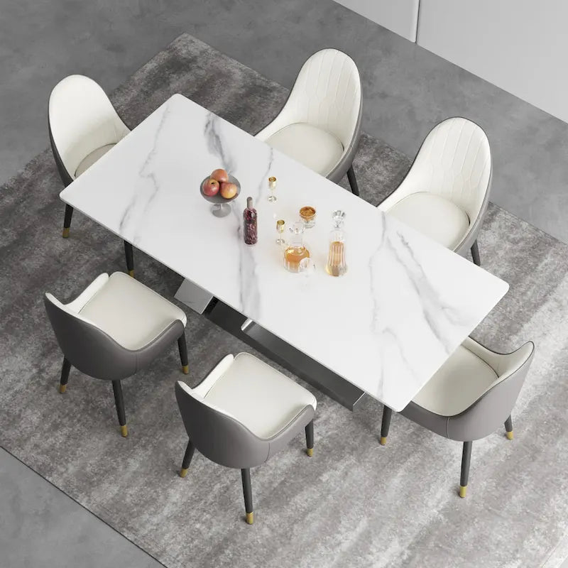 Table à manger moderne Slate avec plateau rectangulaire en pierre frittée blanche et pieds en métal