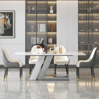 Table à manger moderne Slate avec plateau rectangulaire en pierre frittée blanche et pieds en métal