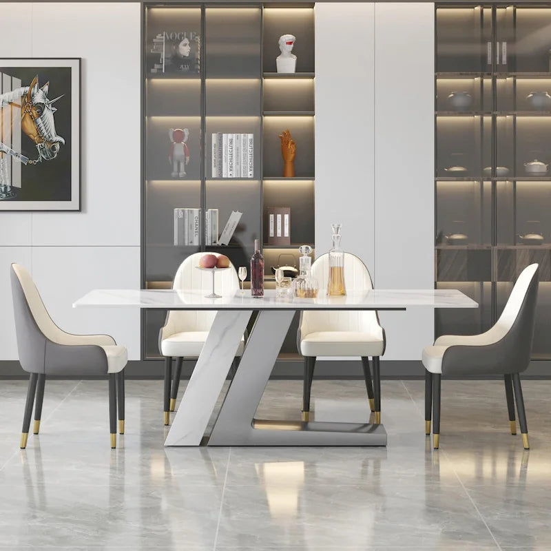 Table à manger moderne Slate avec plateau rectangulaire en pierre frittée blanche et pieds en métal