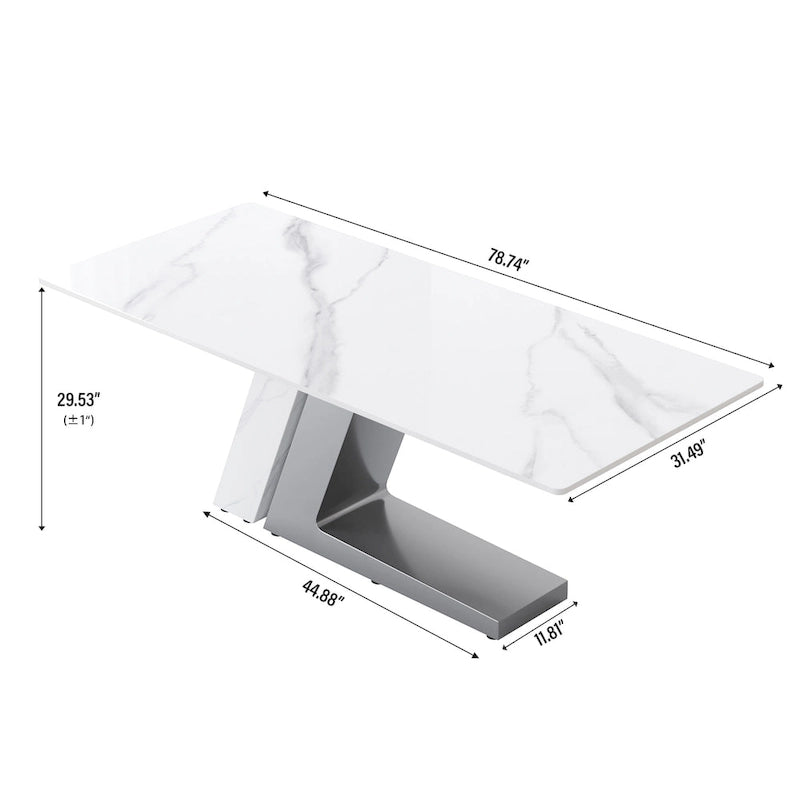 Table à manger moderne Slate avec plateau rectangulaire en pierre frittée blanche et pieds en métal