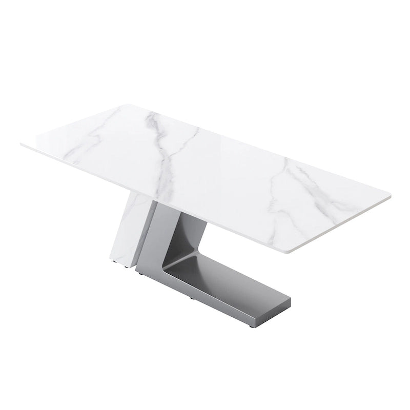 Table à manger moderne Slate avec plateau rectangulaire en pierre frittée blanche et pieds en métal