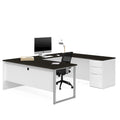 Bureau d'angle en U blanc et gris foncé pour une personne avec caisson de rangement
