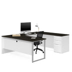 Bureau d'angle en U blanc et gris foncé pour une personne avec caisson de rangement