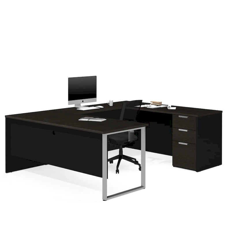 Bureau d'angle en U blanc et gris foncé pour une personne avec caisson de rangement