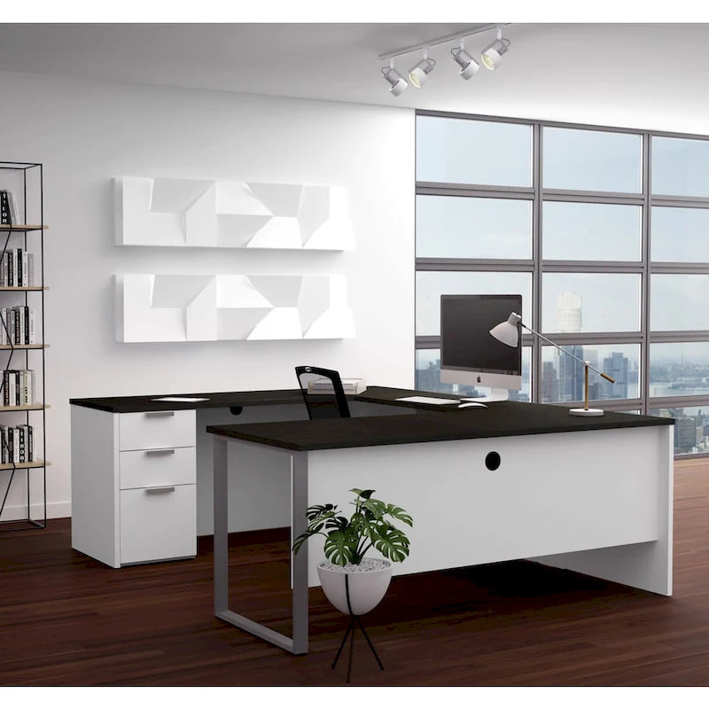 Bureau d'angle en U blanc et gris foncé pour une personne avec caisson de rangement