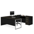 Bureau d'angle en U blanc et gris foncé pour une personne avec caisson de rangement
