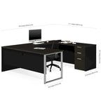 Bureau d'angle en U blanc et gris foncé pour une personne avec caisson de rangement