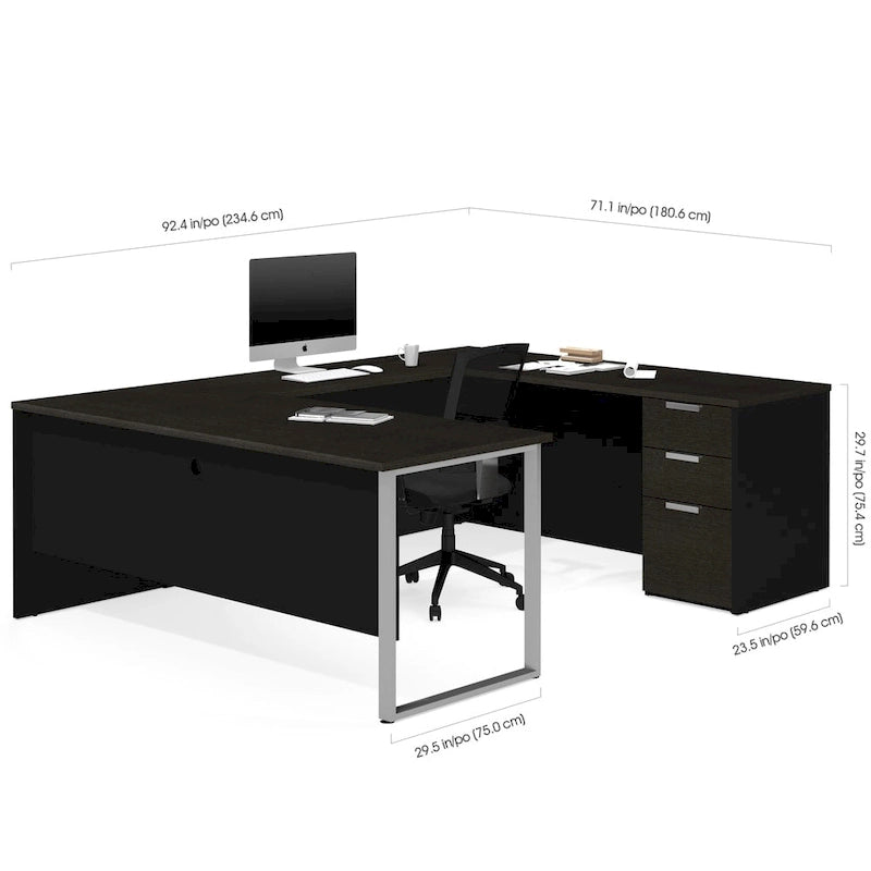 Bureau d'angle en U blanc et gris foncé pour une personne avec caisson de rangement