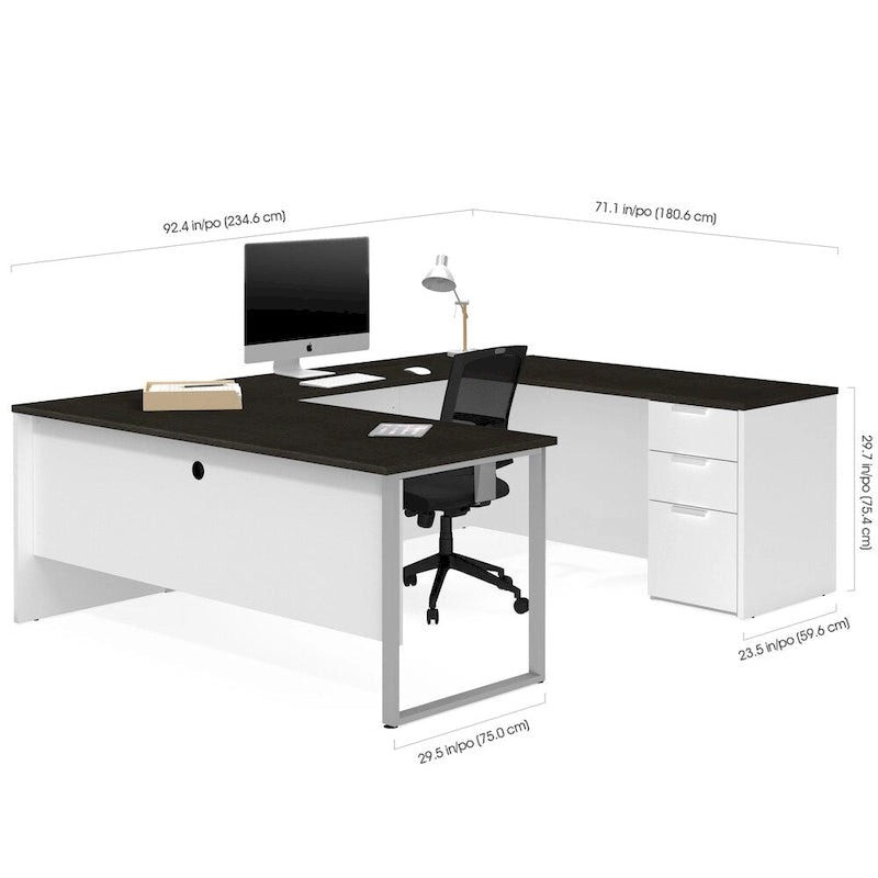 Bureau d'angle en U blanc et gris foncé pour une personne avec caisson de rangement