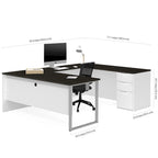 Bureau d'angle en U blanc et gris foncé pour une personne avec caisson de rangement