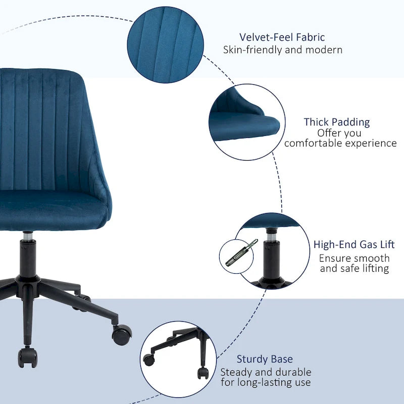 Chaise de bureau mi-hauteur, Fauteuil de bureau en velours pivotant en forme de coquille pour la maison ou la chambre