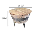 Table basse d'appoint ronde 26 pouces, base en fer de style cuve, marron, gris, blanc délavé