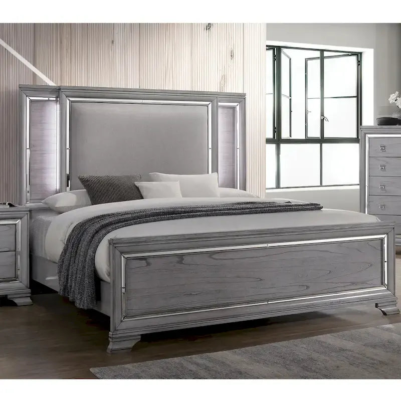 Lit panneau contemporain gris 3 pièces, table de nuit et commode avec LED